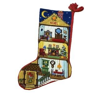 Vintage Handmade Needlepoint Christmas House Home Stocking Beaded Tree Doll